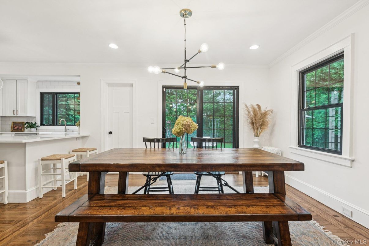 Dining room, Interior, Pendant Lights, Recessed Lighting, Wood Texture Flooring