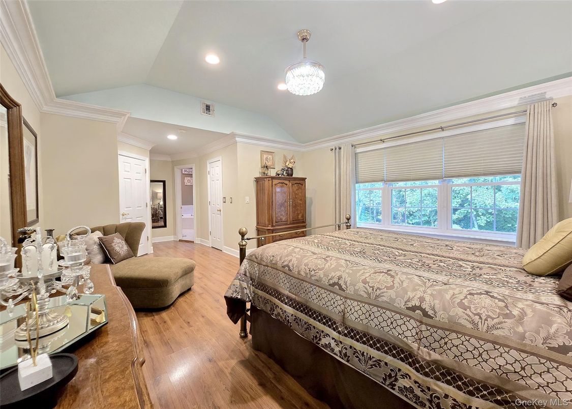 Bedroom, Chandelier, Interior, Recessed Lighting, Wood Texture Flooring