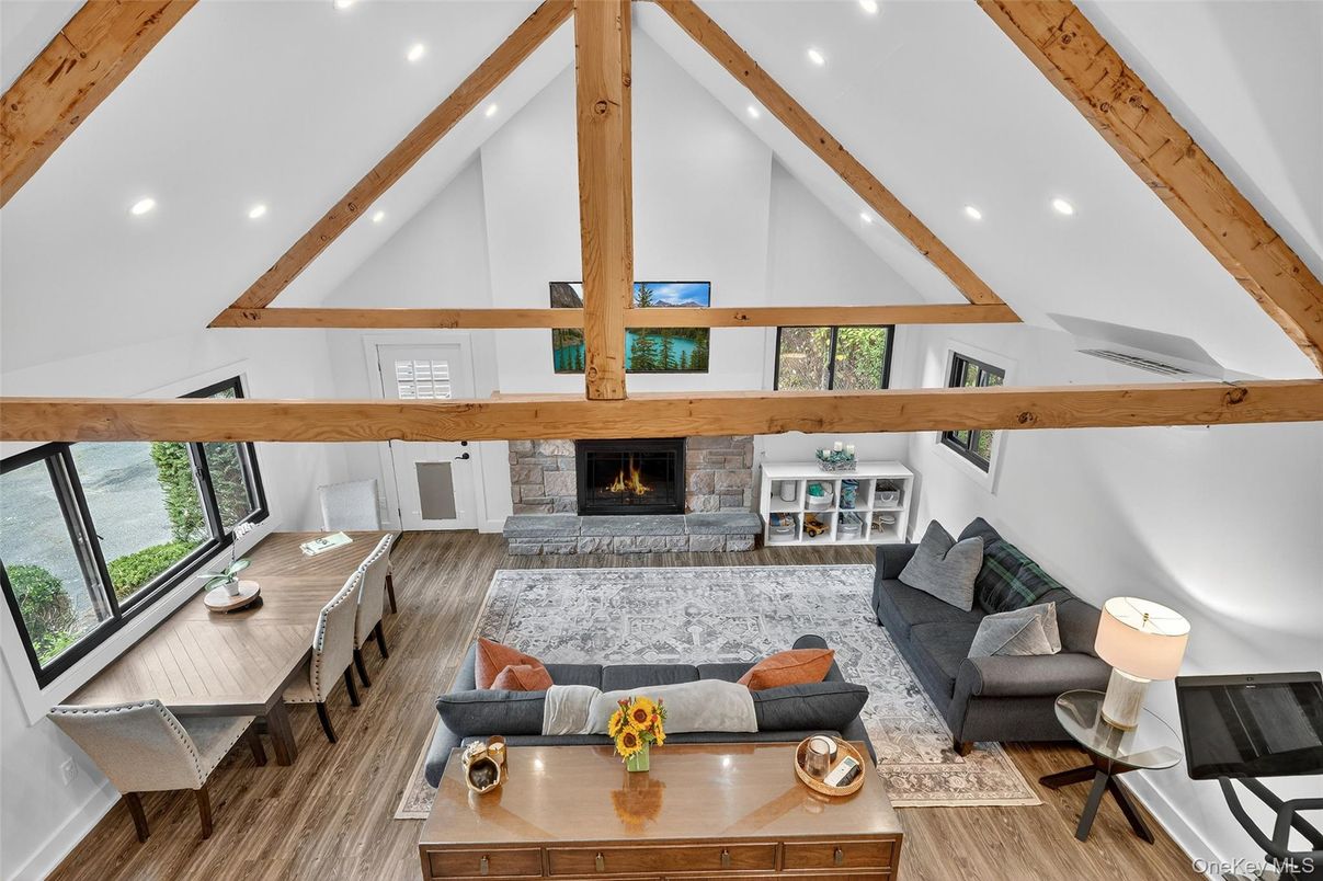 Fireplace, Interior, Living room, Recessed Lighting, Wooden Beams, Wood Texture Flooring
