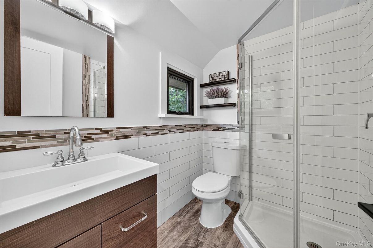Bathroom, Glass Shower, Interior, Wood Texture Flooring