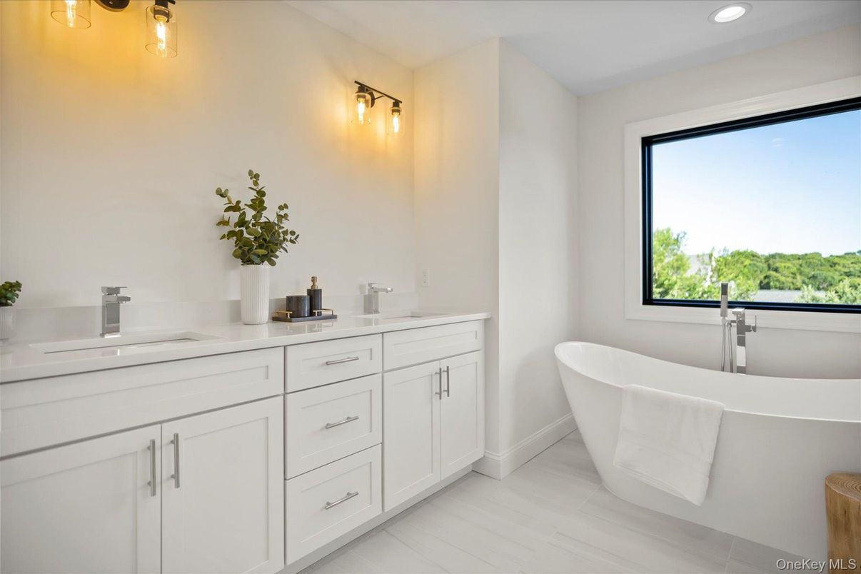 Bathroom, Dual Sink Vanities, Free Standing Baths, Interior, Recessed Lighting, Wood Texture Flooring