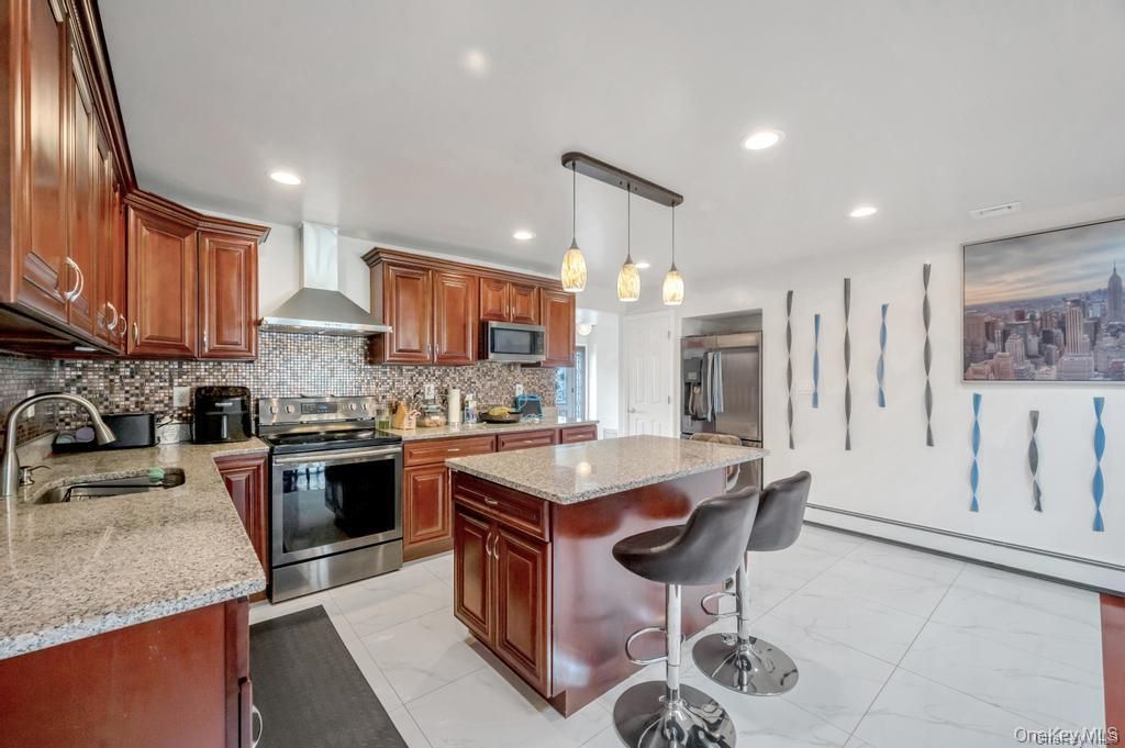 Interior, Kitchen, Marble, Pendant Lights, Recessed Lighting, Stainless Steel Appliances