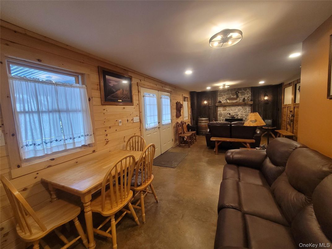 Dining room, Interior, Living room, Recessed Lighting, Stone Walls, Wooden Walls