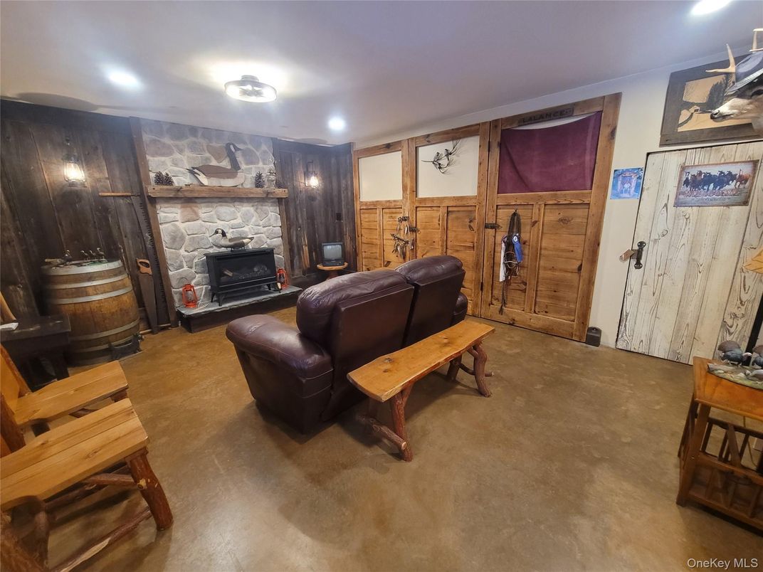 Fireplace, Interior, Living room, Recessed Lighting, Stone Walls