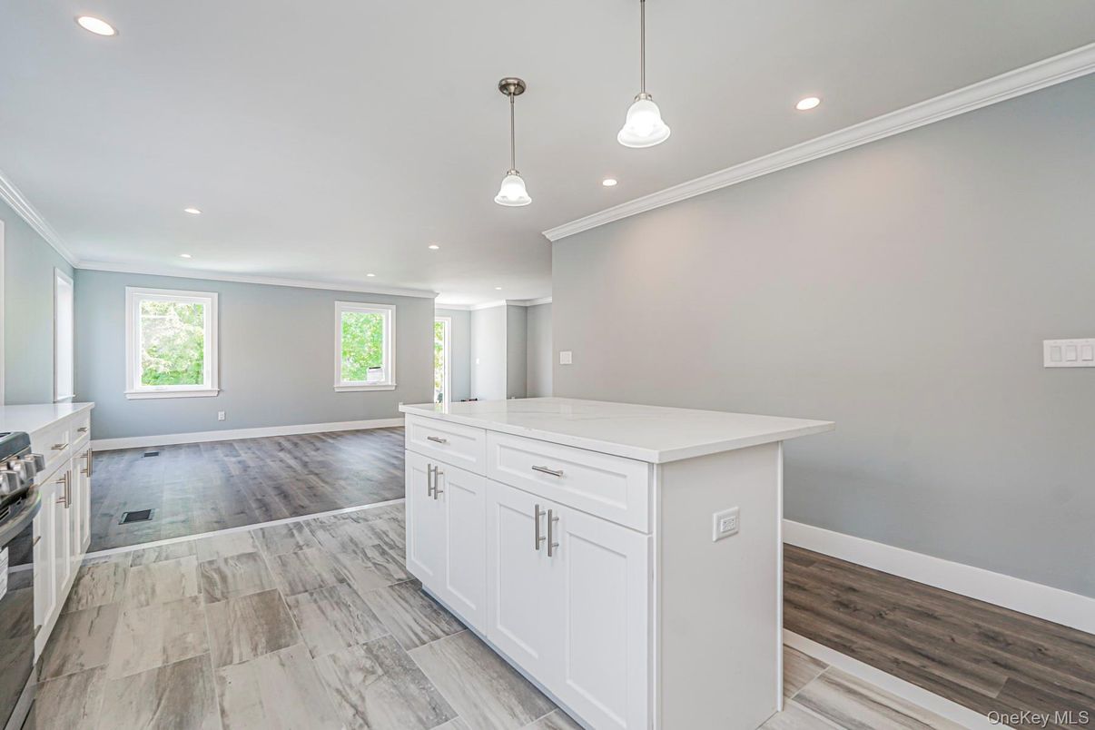 Empty room, Interior, Kitchen, Pendant Lights, Recessed Lighting, Wood Texture Flooring