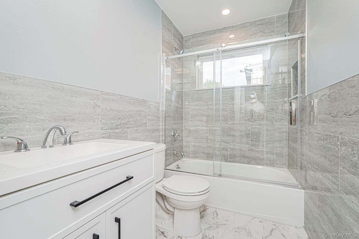 Bathroom, Glass Shower, Interior, Marble, Marble Walls, Recessed Lighting