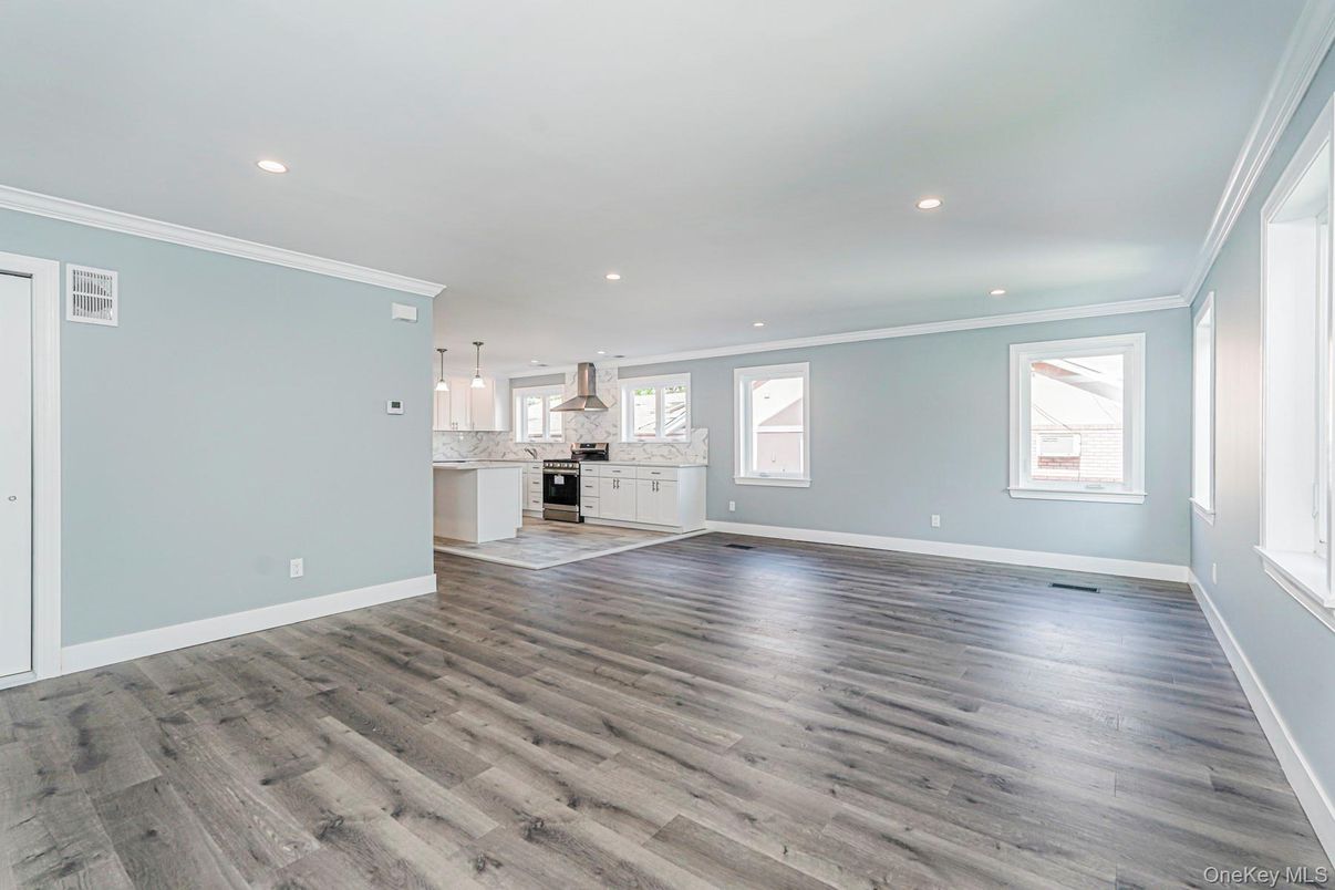 Empty room, Interior, Kitchen, Pendant Lights, Recessed Lighting, Wood Texture Flooring