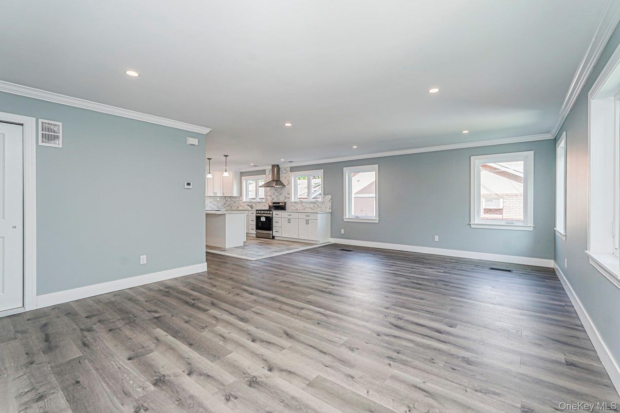 Empty room, Interior, Kitchen, Pendant Lights, Recessed Lighting, Wood Texture Flooring