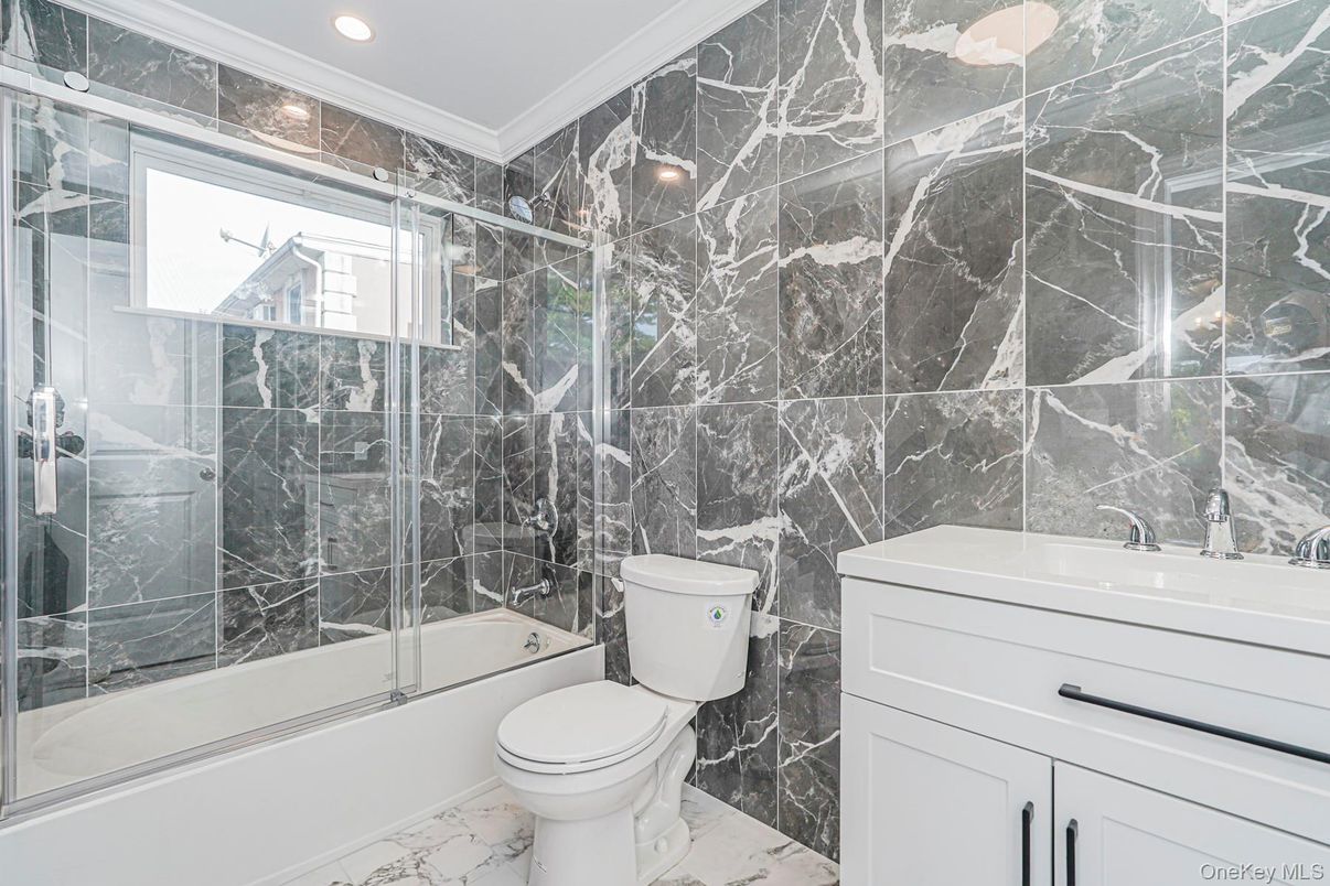 Bathroom, Glass Shower, Interior, Marble, Marble Walls, Recessed Lighting