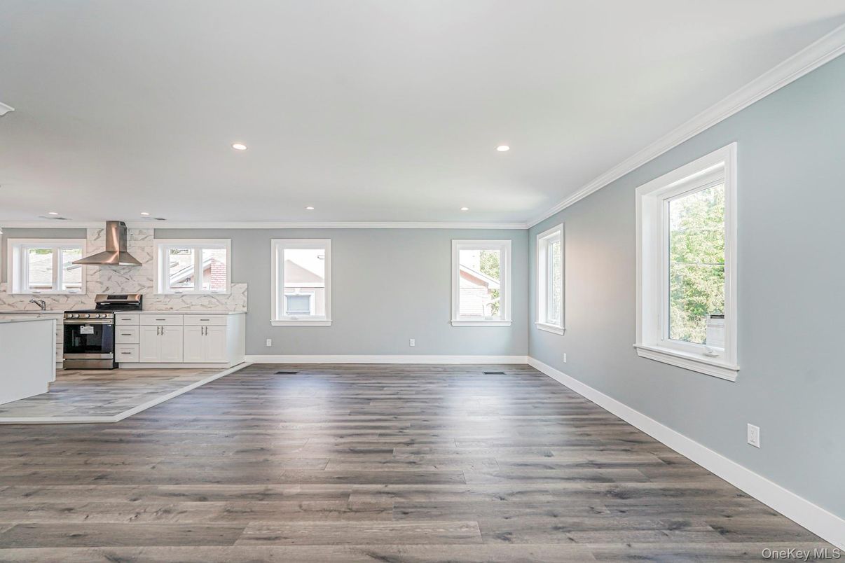 Empty room, Interior, Kitchen, Recessed Lighting, Wood Texture Flooring
