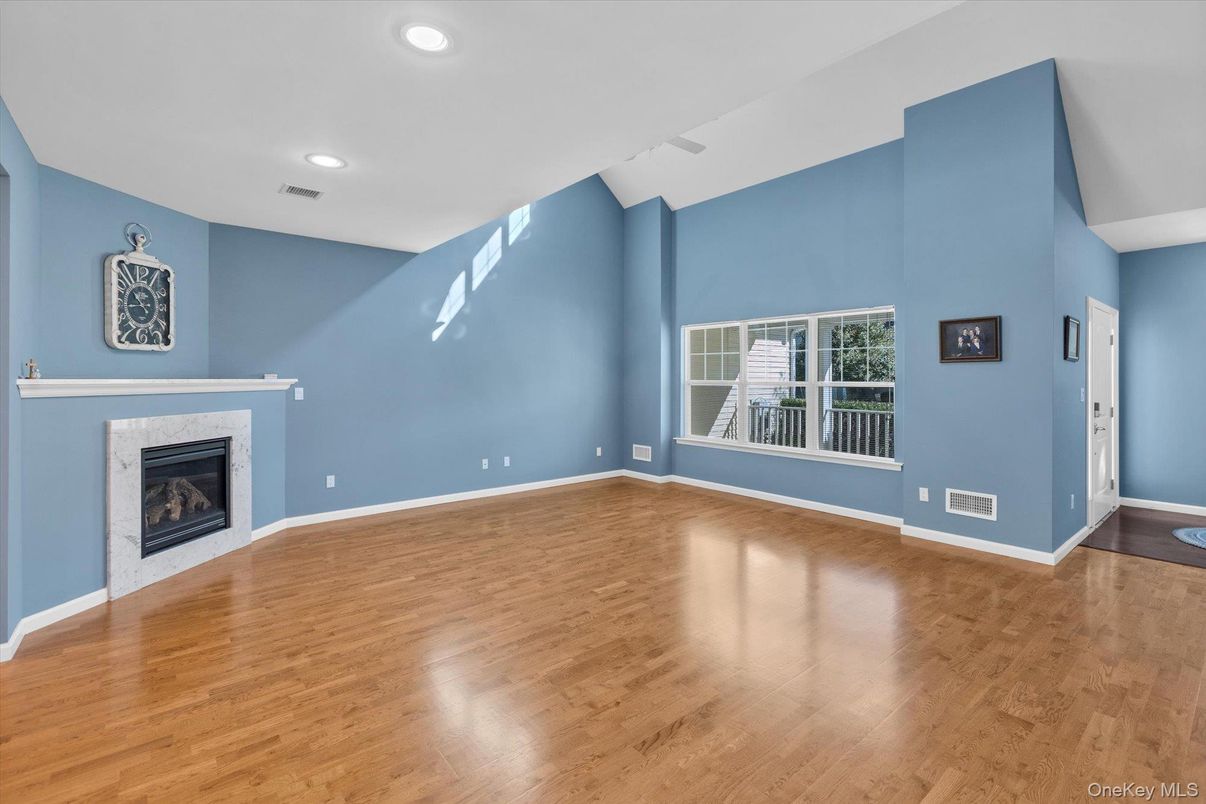 Empty room, Fireplace, Interior, Recessed Lighting, Wood Texture Flooring