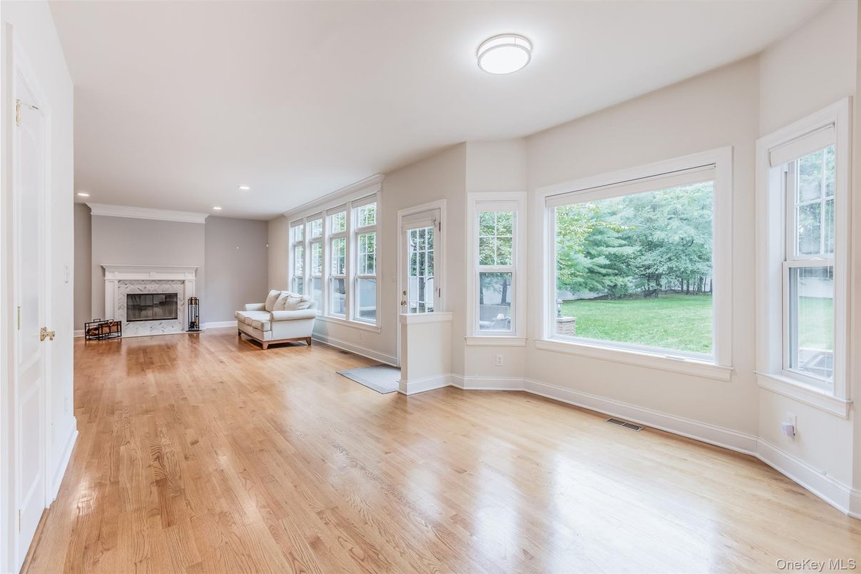 Empty room, Fireplace, Interior, Recessed Lighting, Wood Texture Flooring