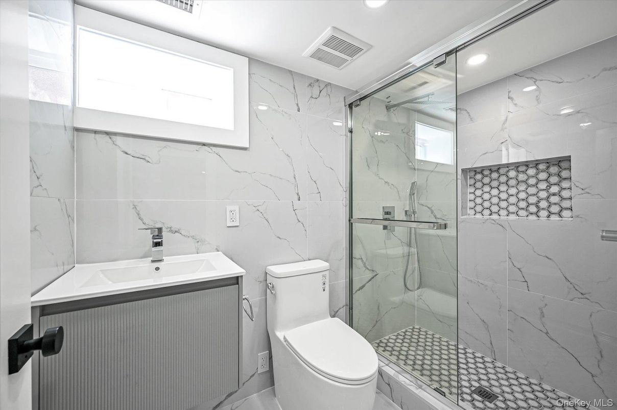 Bathroom, Glass Shower, Interior, Marble Walls, Recessed Lighting