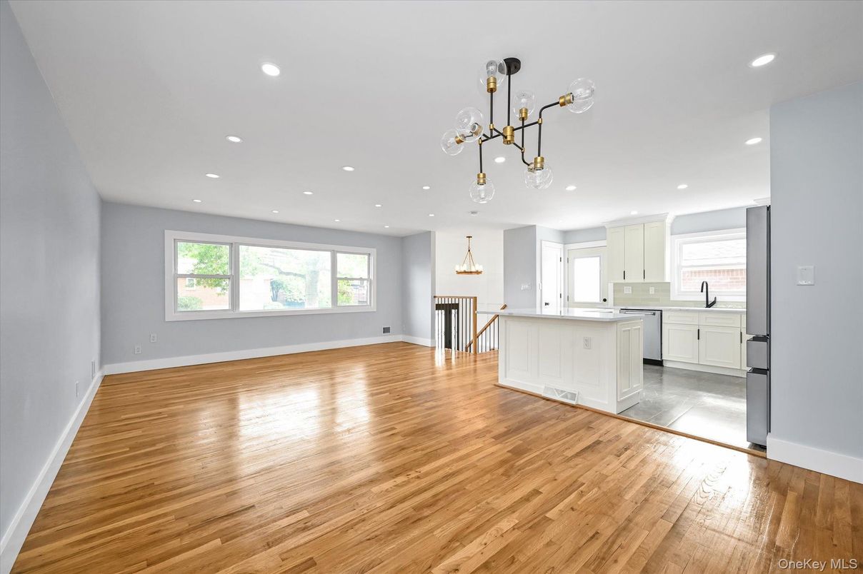 Empty room, Interior, Kitchen, Pendant Lights, Recessed Lighting, Wood Texture Flooring