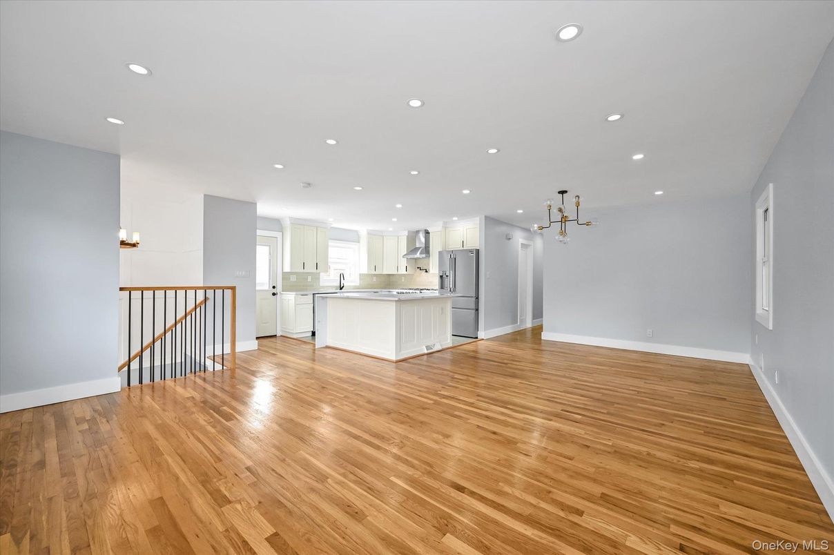 Empty room, Interior, Kitchen, Recessed Lighting, Wood Texture Flooring