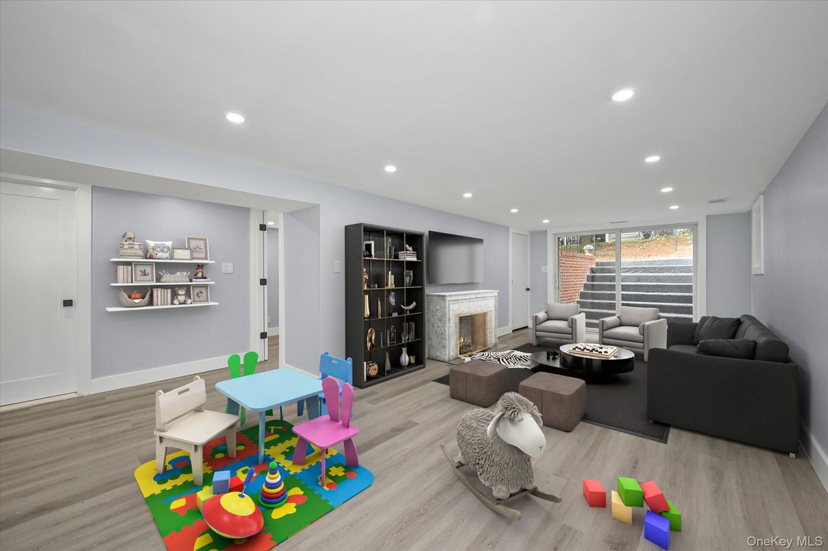 Fireplace, Interior, Living room, Recessed Lighting, Wood Texture Flooring