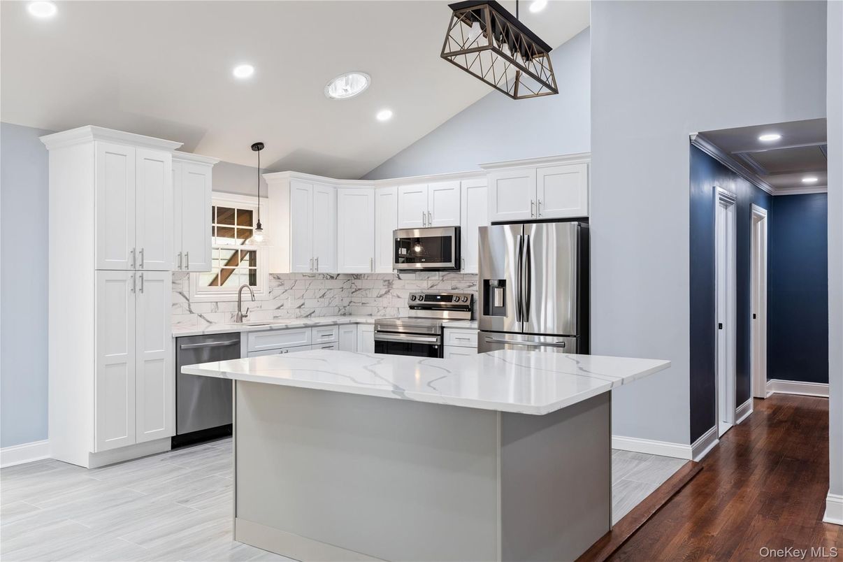 Interior, Kitchen, Pendant Lights, Recessed Lighting, Stainless Steel Appliances, Wood Texture Flooring