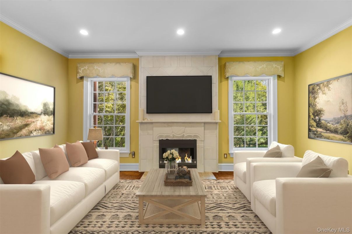Fireplace, Interior, Living room, Recessed Lighting, Wood Texture Flooring