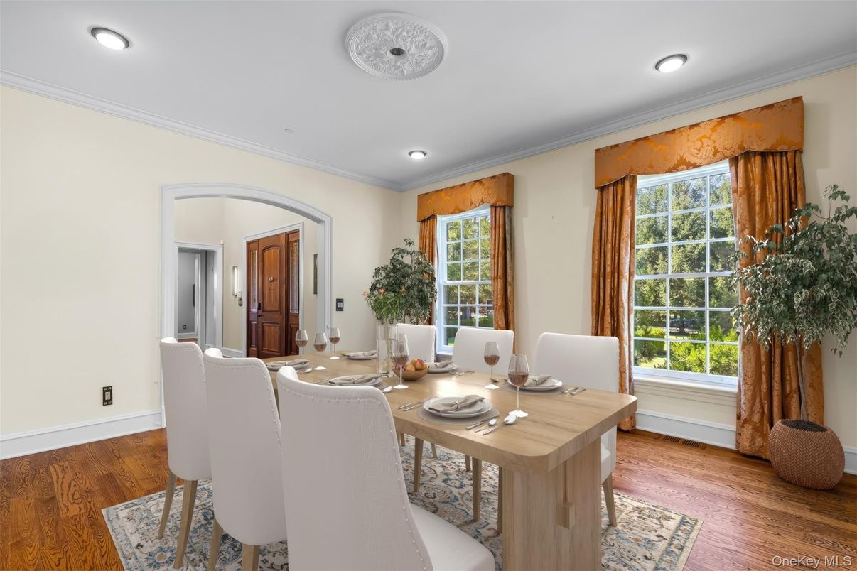 Dining room, Interior, Recessed Lighting, Wood Texture Flooring