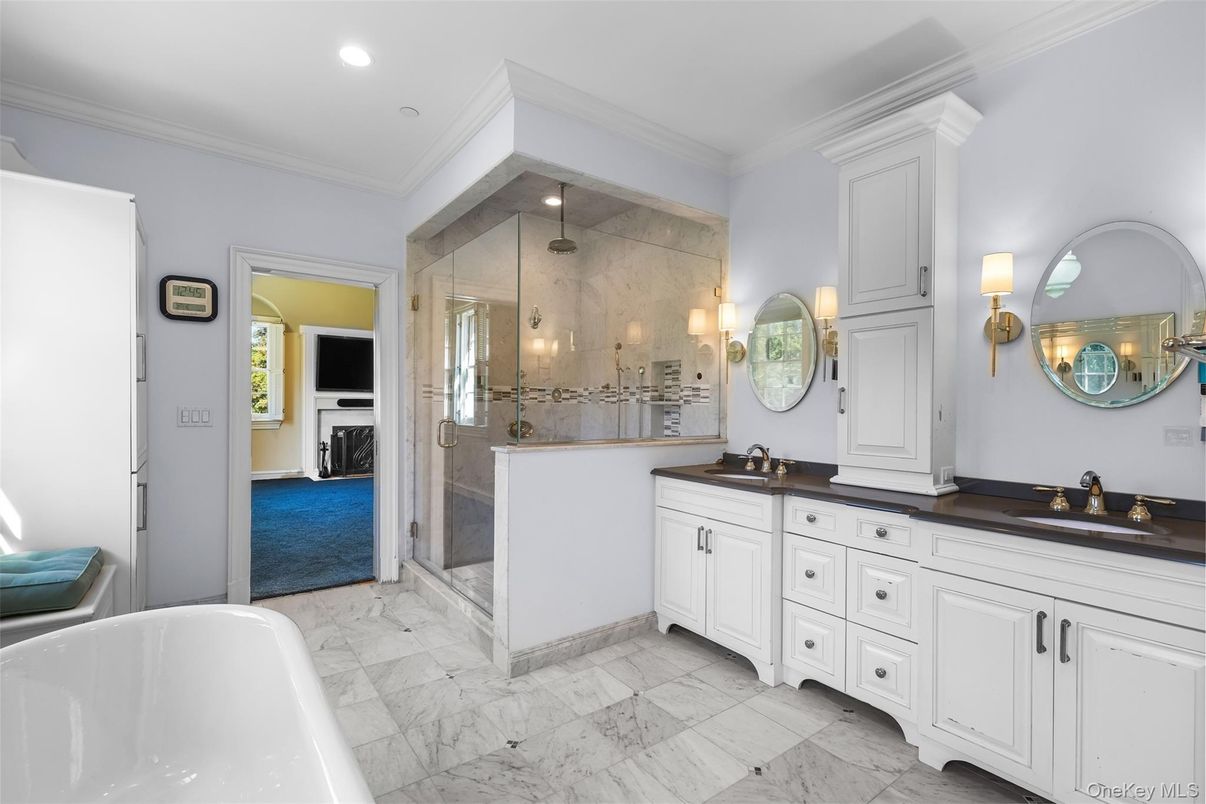 Bathroom, Dual Sink Vanities, Free Standing Baths, Glass Shower, Interior, Marble, Recessed Lighting