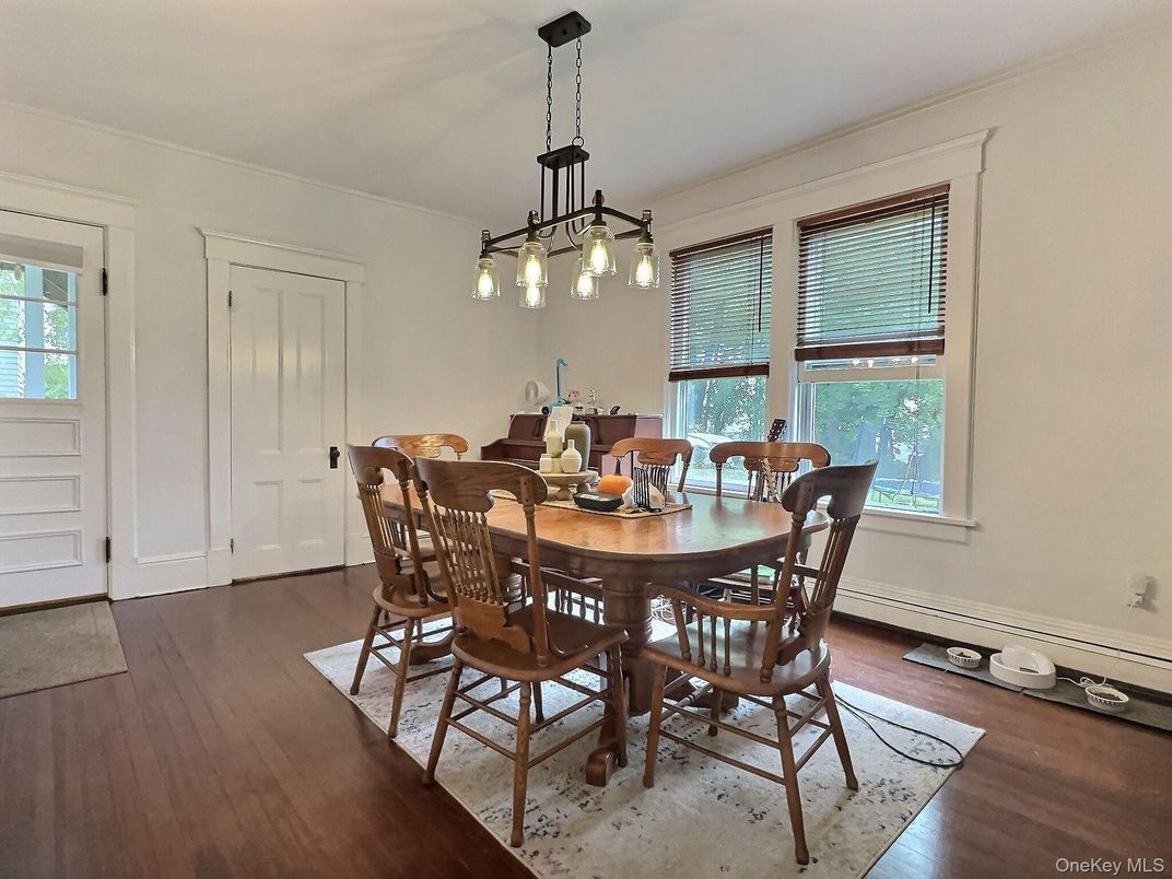 Dining room, Interior, Pendant Lights, Wood Texture Flooring