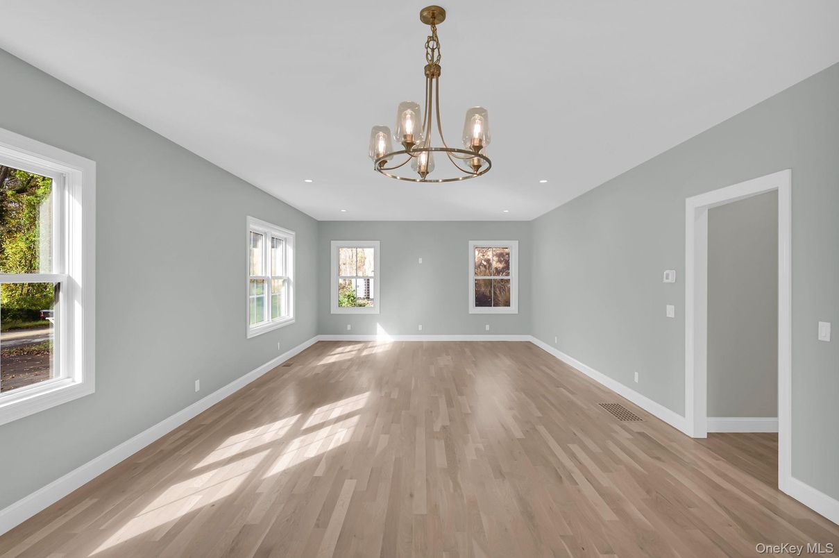 Chandelier, Empty room, Interior, Recessed Lighting, Wood Texture Flooring