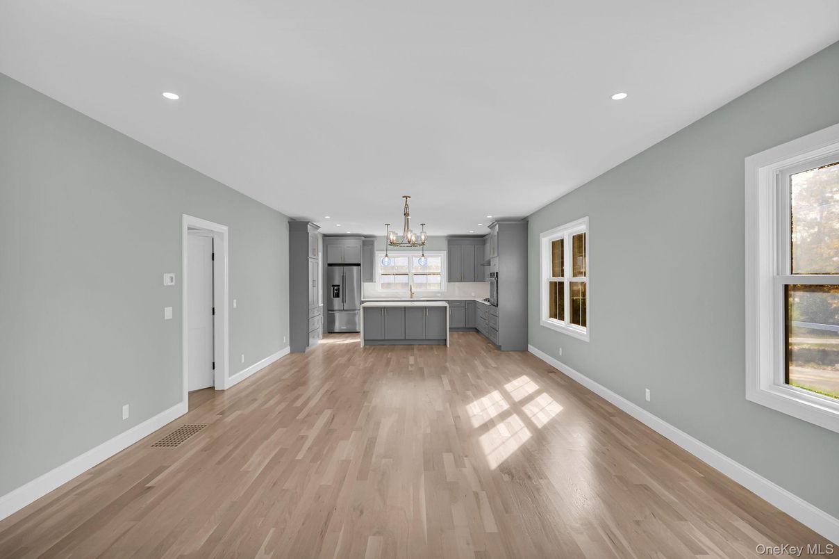 Chandelier, Empty room, Interior, Kitchen, Recessed Lighting, Wood Texture Flooring