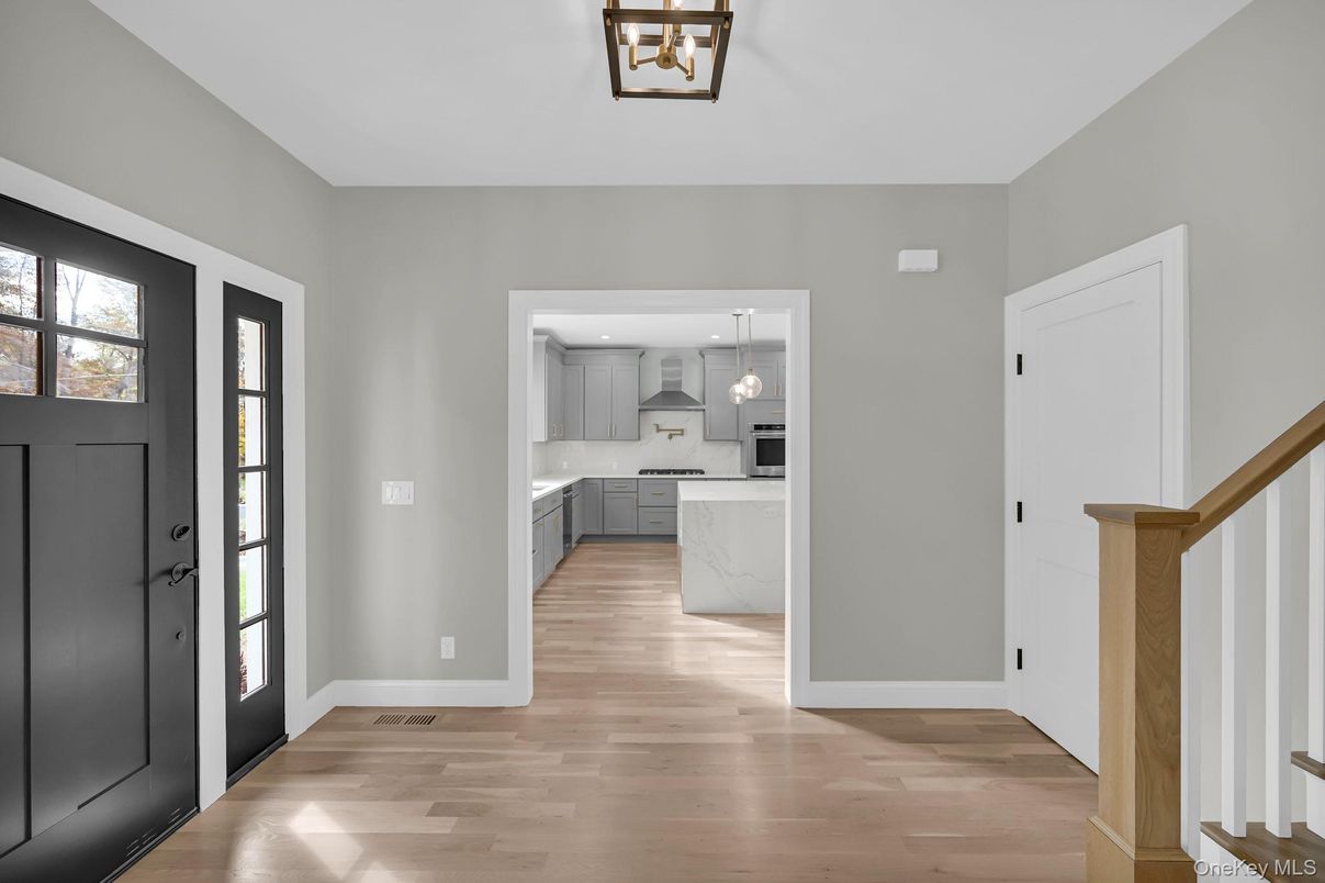 Interior, Kitchen, Marble Walls, Pendant Lights, Recessed Lighting, Wood Texture Flooring