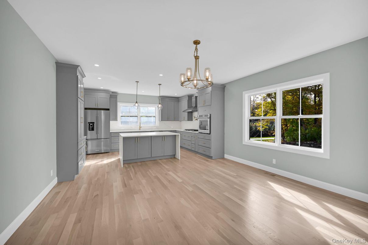 Chandelier, Interior, Kitchen, Pendant Lights, Recessed Lighting, Stainless Steel Appliances, Wood Texture Flooring