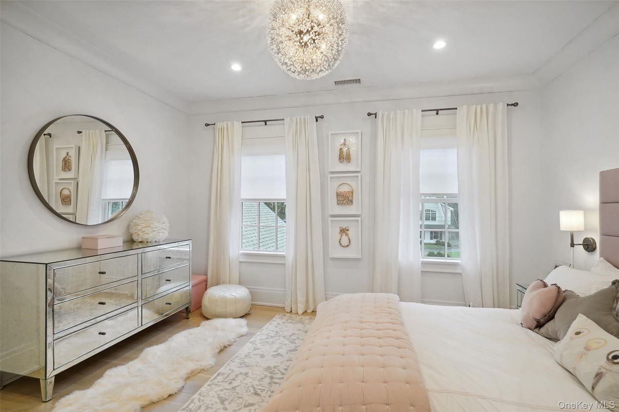 Bedroom, Chandelier, Interior, Recessed Lighting, Wood Texture Flooring