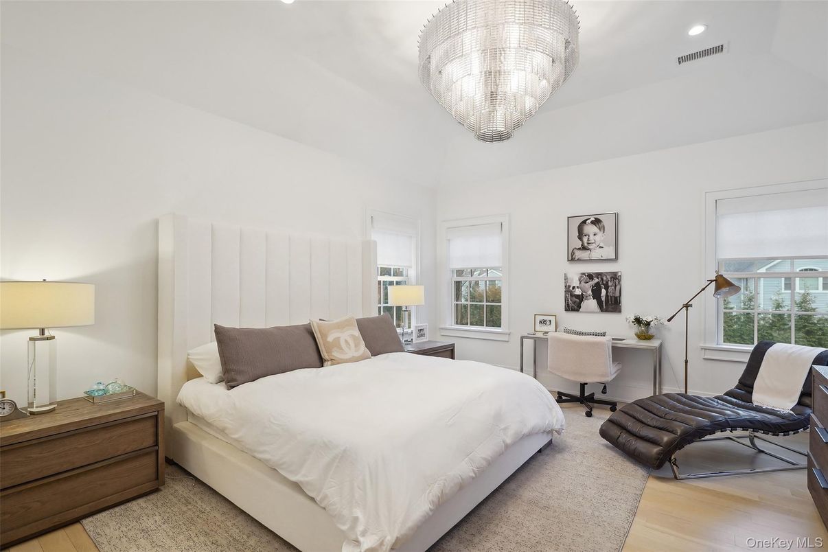 Bedroom, Chandelier, Interior, Recessed Lighting, Wood Texture Flooring