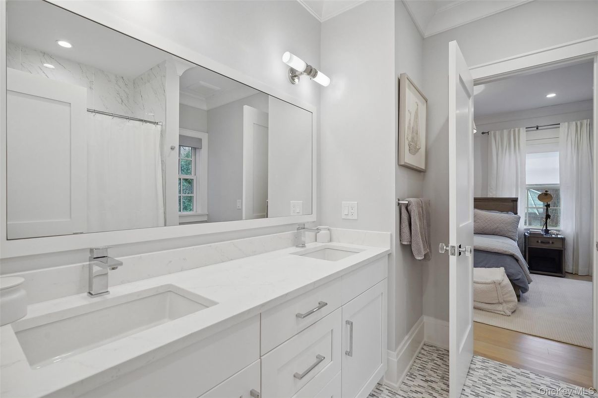 Bathroom, Dual Sink Vanities, Interior, Recessed Lighting, Wood Texture Flooring