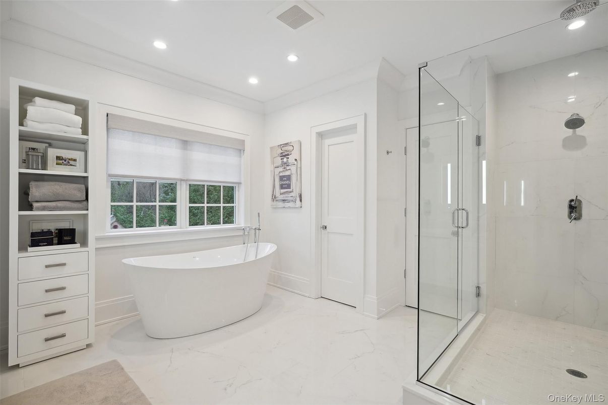Bathroom, Free Standing Baths, Glass Shower, Interior, Marble, Marble Walls, Recessed Lighting