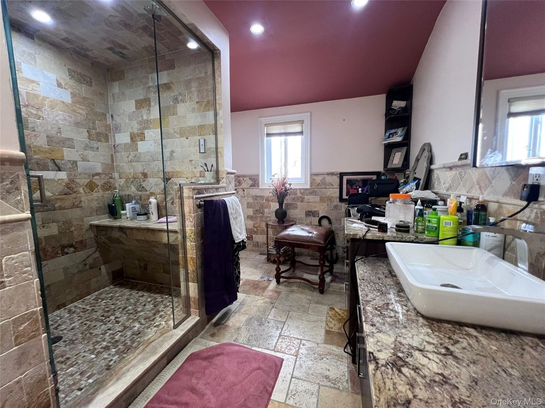 Bathroom, Glass Shower, Interior, Recessed Lighting, Stone Walls