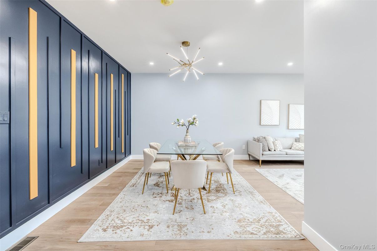Dining room, Interior, Pendant Lights, Recessed Lighting, Wood Texture Flooring