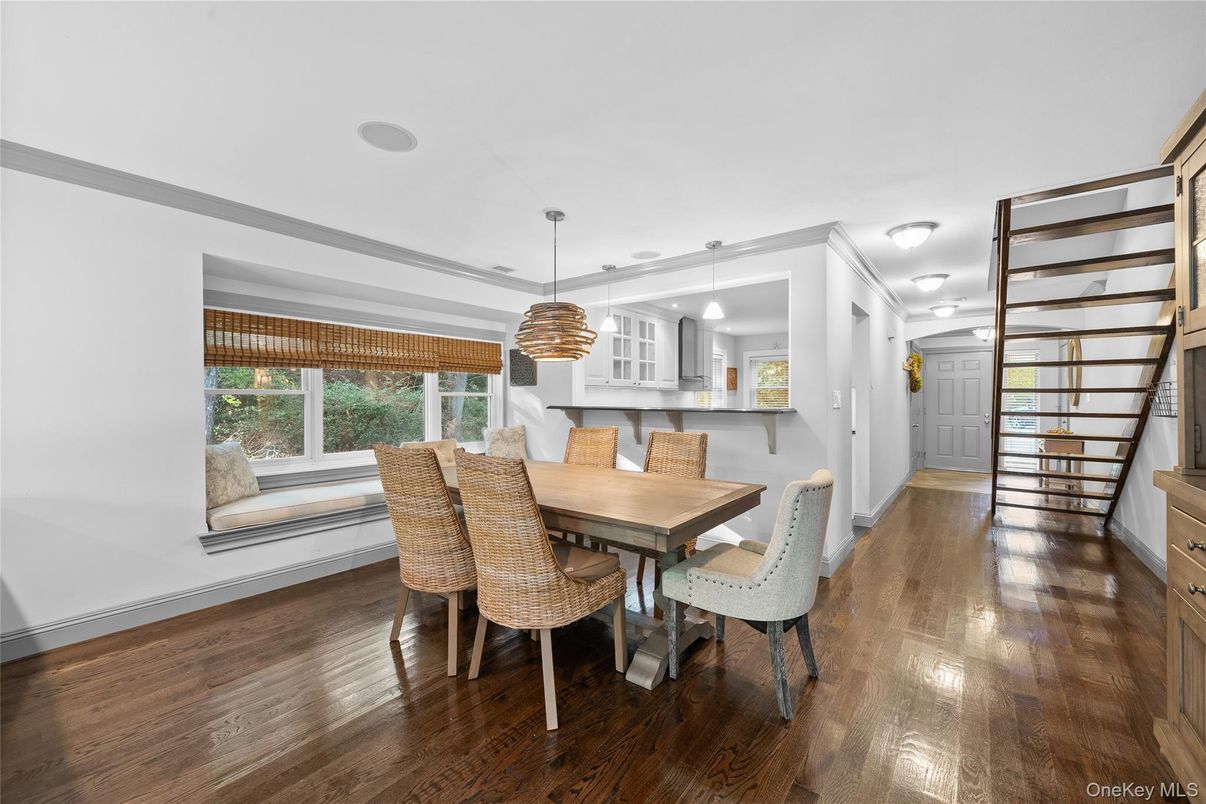 Dining room, Interior, Pendant Lights, Wood Texture Flooring