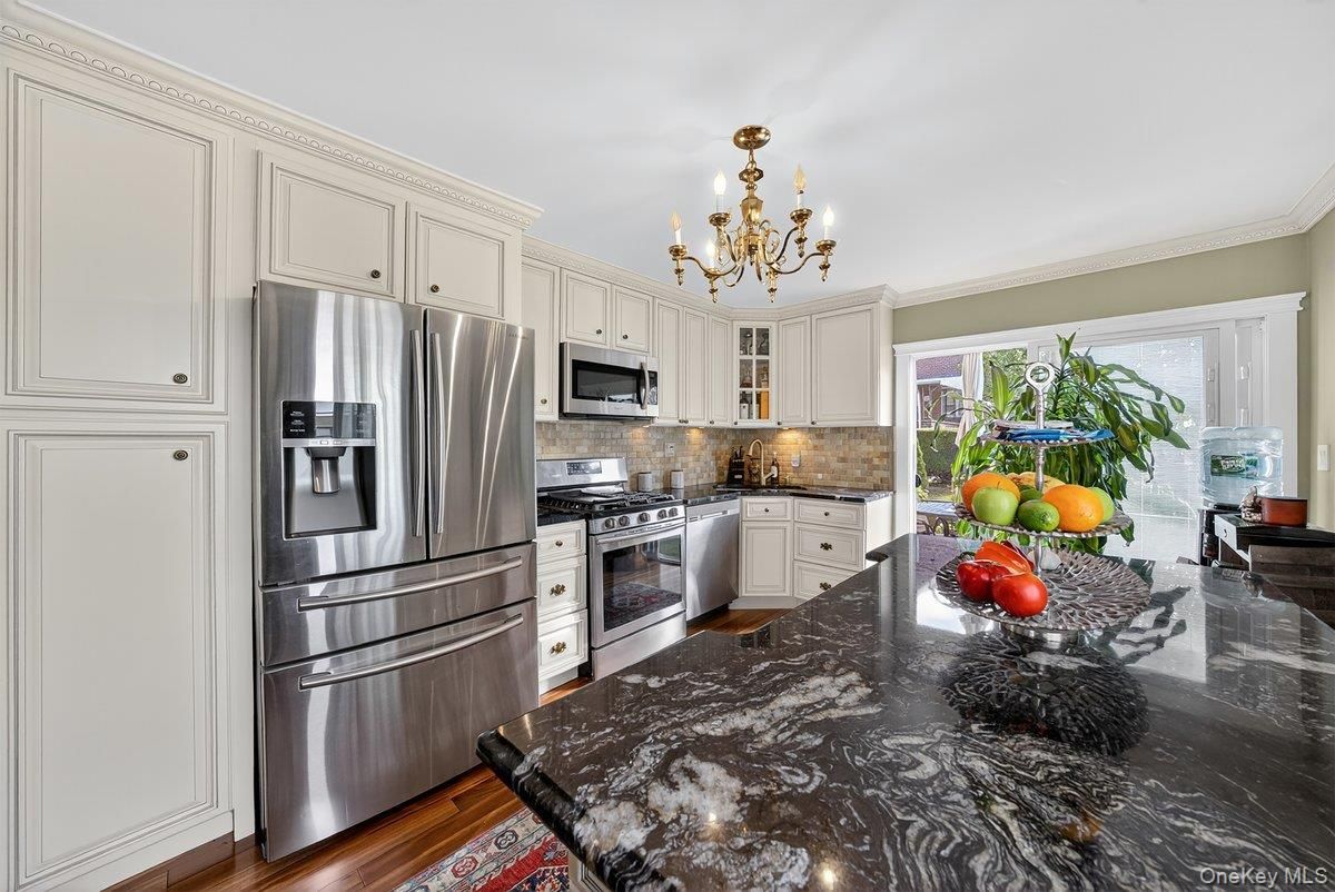 Chandelier, Interior, Kitchen, Stainless Steel Appliances, Wood Texture Flooring