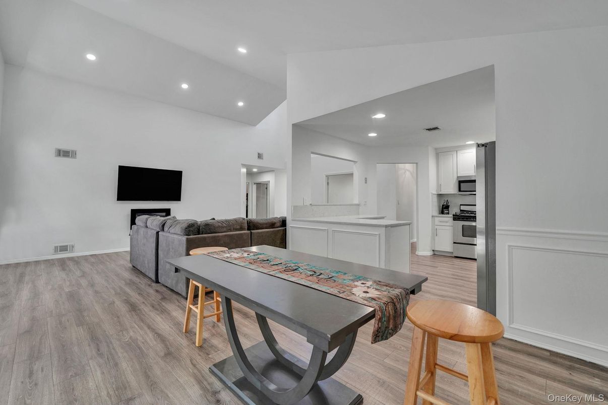 Interior, Kitchen, Living room, Recessed Lighting, Stainless Steel Appliances, Wood Texture Flooring