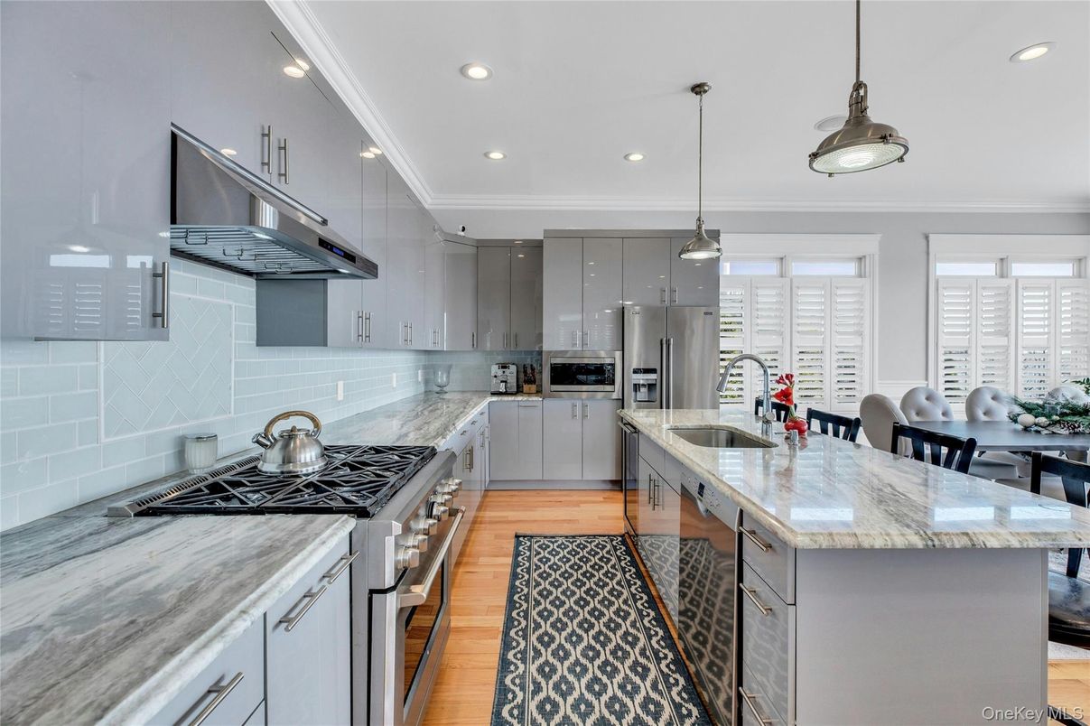 Interior, Kitchen, Pendant Lights, Recessed Lighting, Stainless Steel Appliances, Wood Texture Flooring
