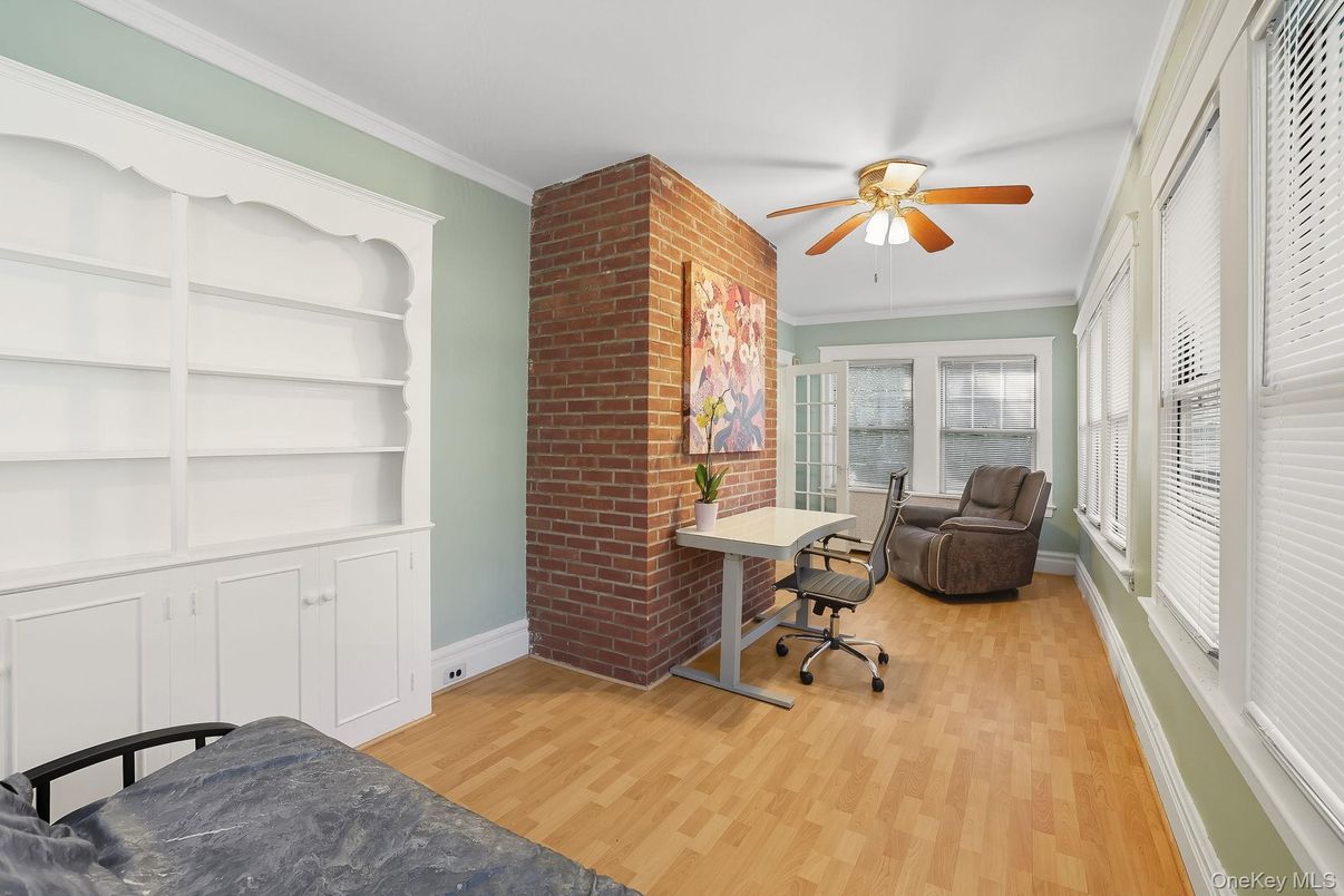 Fireplace, Home Office, Interior, Stone Walls, Wood Texture Flooring