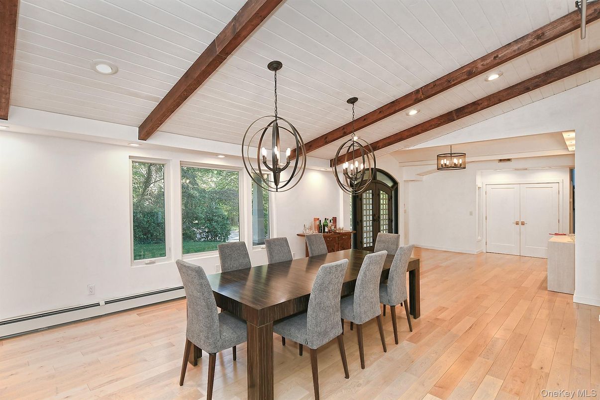 Chandelier, Dining room, Interior, Pendant Lights, Recessed Lighting, Wooden Beams, Wood Texture Flooring