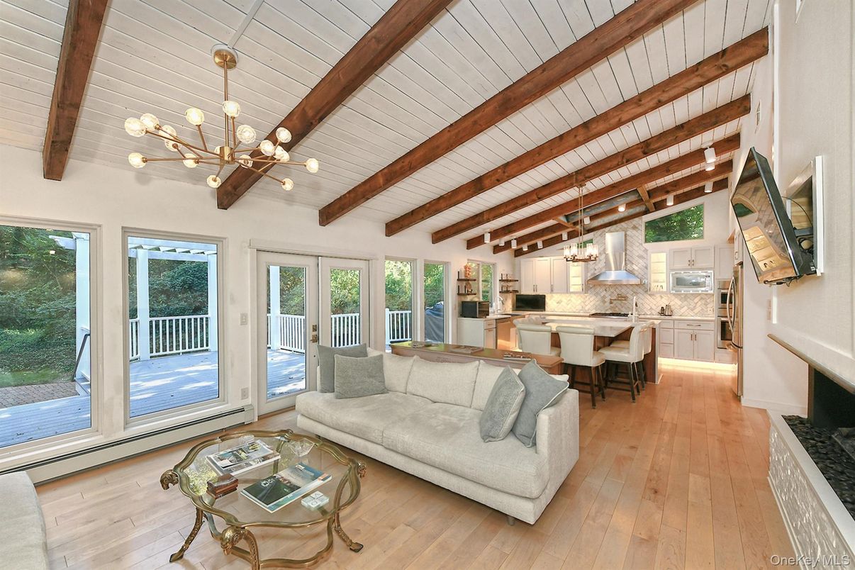 Fireplace, Interior, Kitchen, Living room, Pendant Lights, Stainless Steel Appliances, Wooden Beams, Wood Texture Flooring