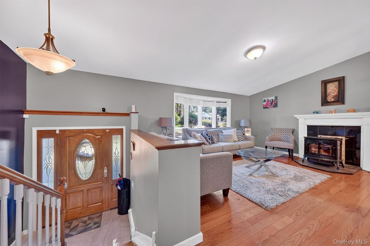 Fireplace, Interior, Living room, Pendant Lights, Wood Texture Flooring