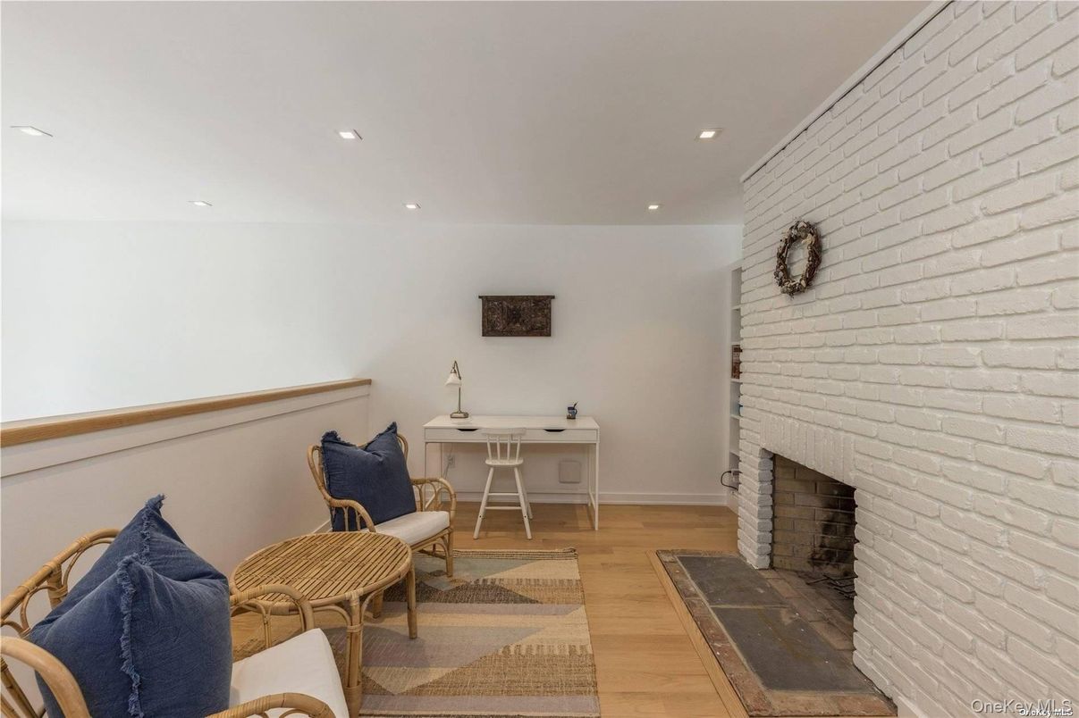 Fireplace, Home Office, Interior, Recessed Lighting, Stone Walls, Wood Texture Flooring
