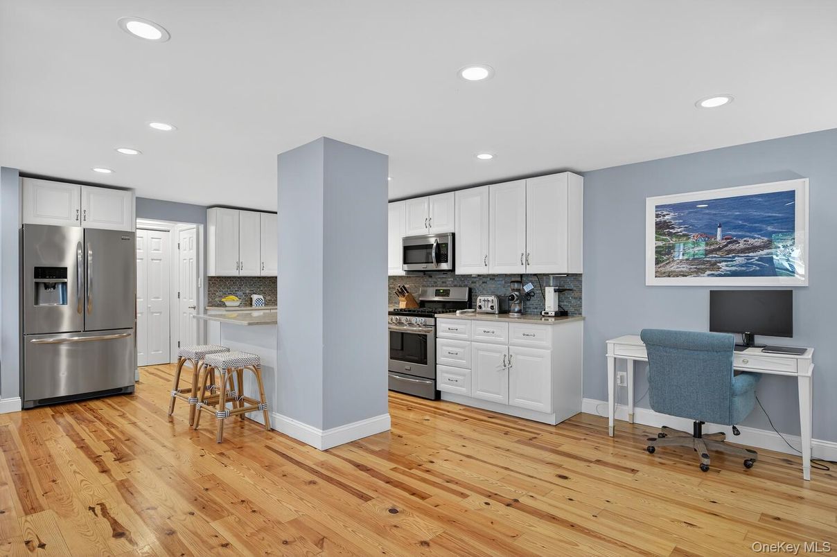 Home Office, Interior, Kitchen, Recessed Lighting, Stainless Steel Appliances, Wood Texture Flooring