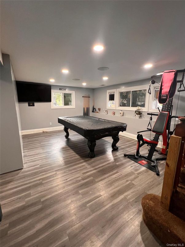 Billiard Table, Fitness Equipment, Game Room, Interior, Recessed Lighting, Wood Texture Flooring