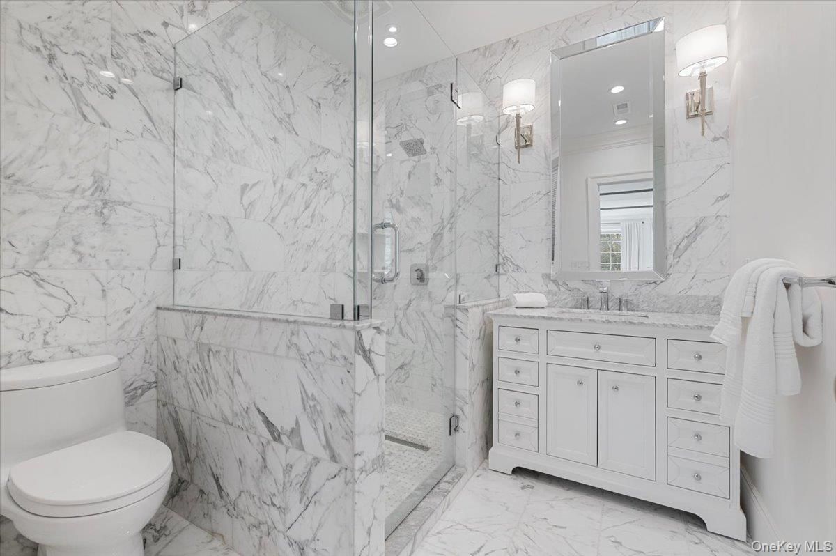 Bathroom, Glass Shower, Interior, Marble, Marble Walls, Recessed Lighting