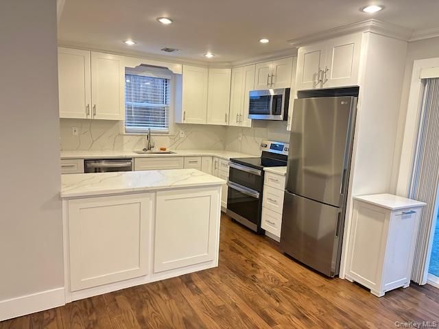 Interior, Kitchen, Marble Walls, Recessed Lighting, Wood Texture Flooring