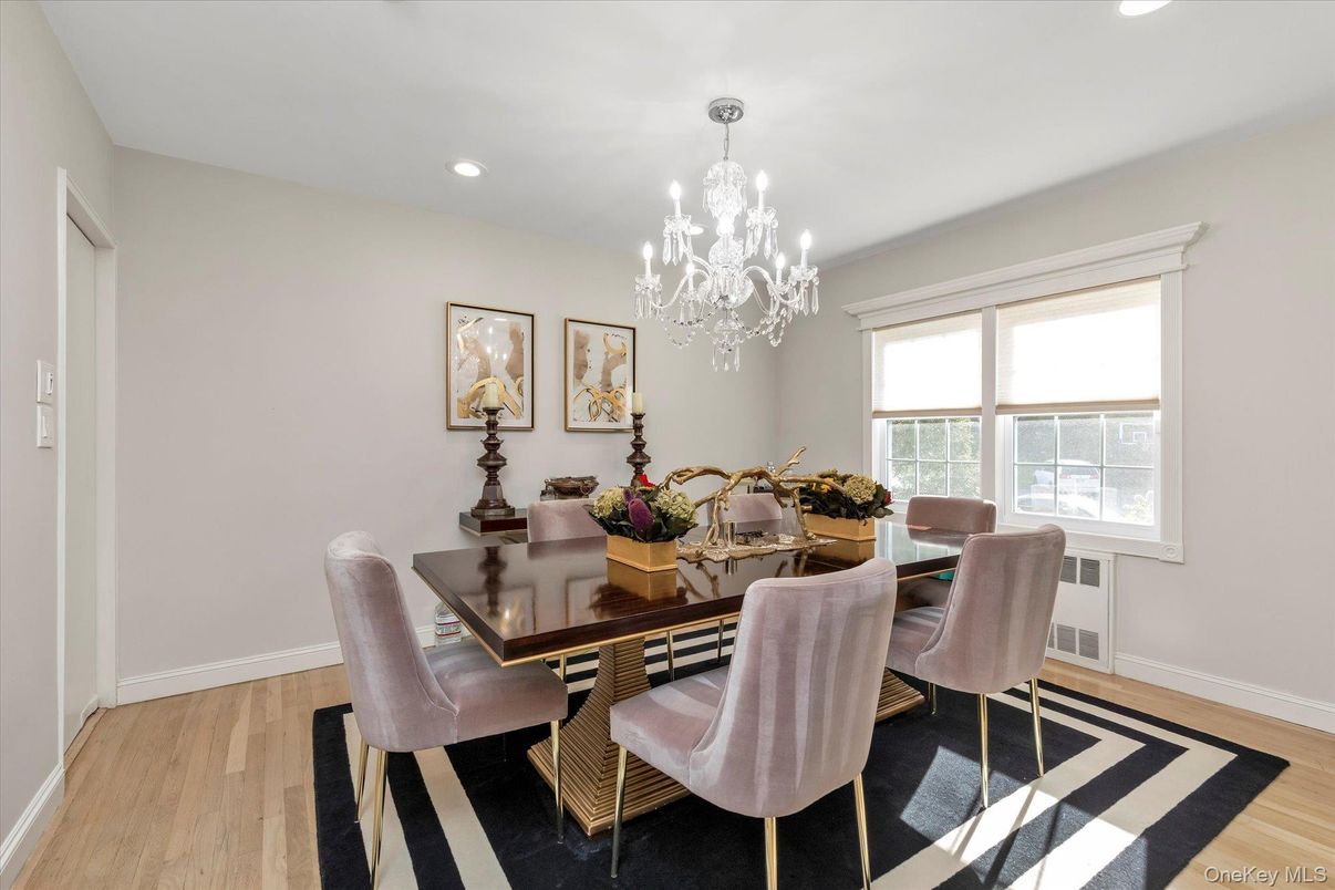 Chandelier, Dining room, Interior, Recessed Lighting, Wood Texture Flooring