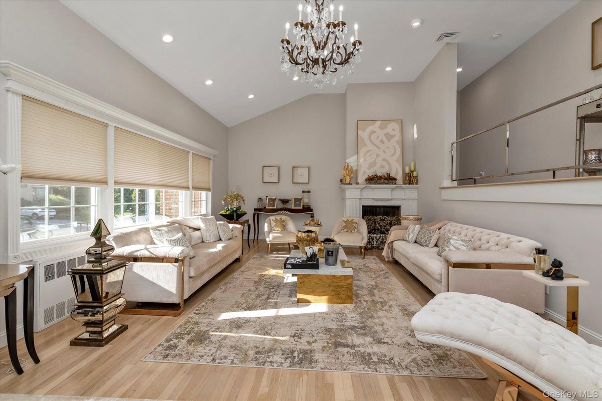 Chandelier, Fireplace, Interior, Living room, Recessed Lighting, Wood Texture Flooring